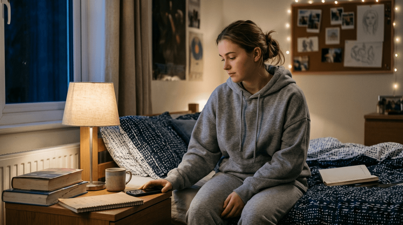 Student sitting on a bed at night with phone in hand, pausing to breathe after checking exam results and feeling overwhelmed