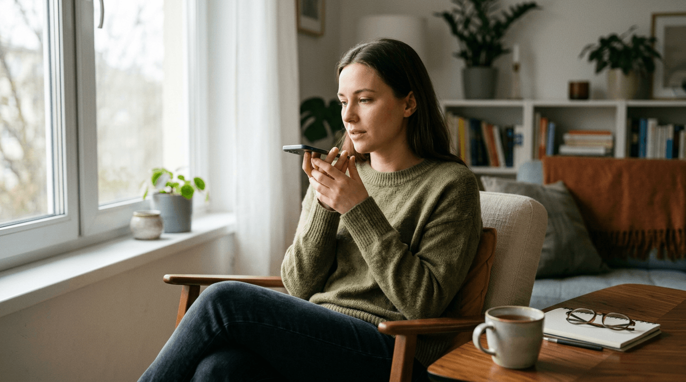 Person seated near window holding phone and taking a calming voice note while waiting for important test results