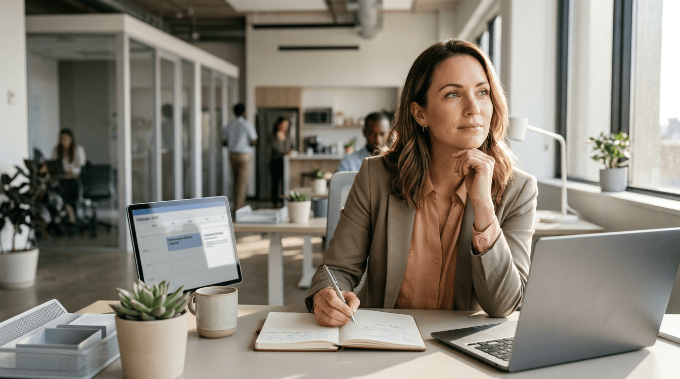 Professional reviewing notes at office desk, taking a calming pause and recording key points before performance review