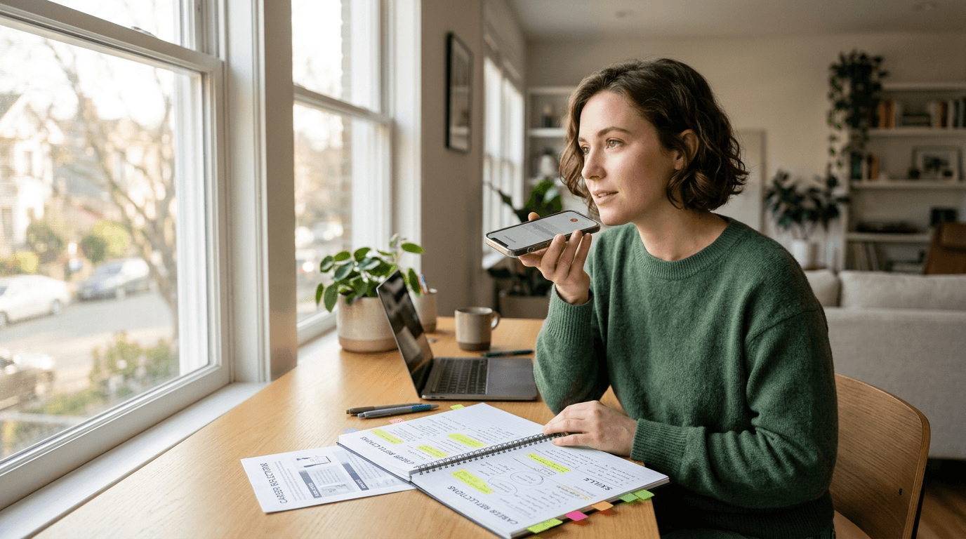Young adult reviewing mixed career notes and speaking a reflective voice memo to sort identity and direction