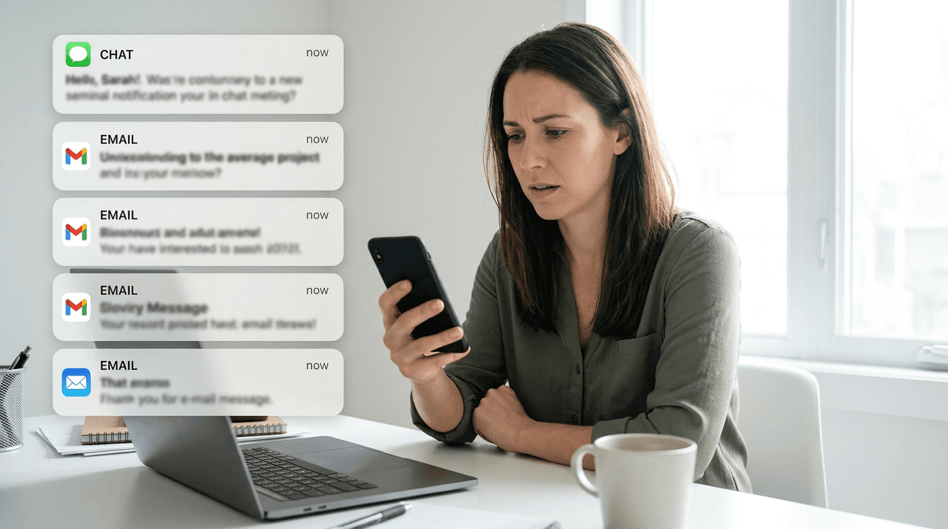 Remote worker looking at many chat notifications, then silencing alerts and recording a calm focus plan