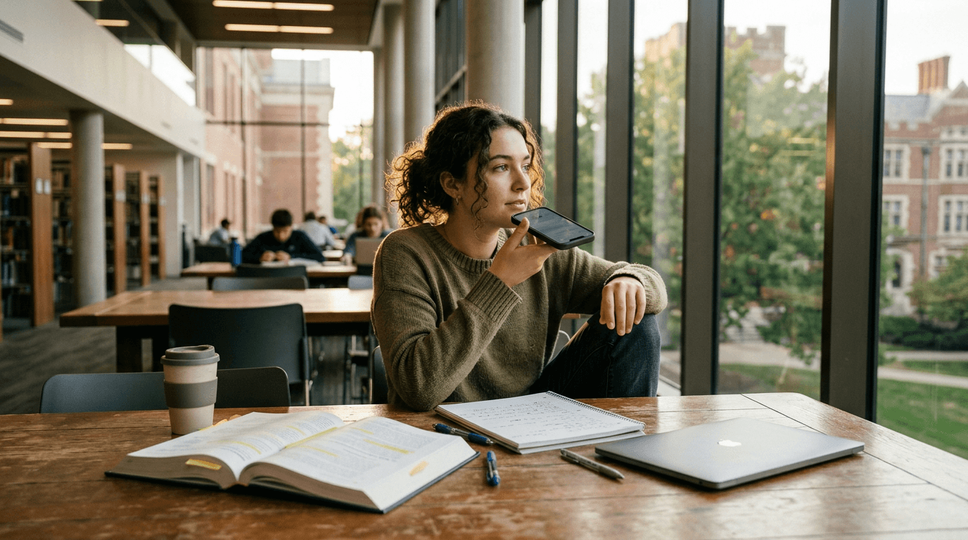 College student surrounded by study materials taking a short restorative pause and recording a voice reflection