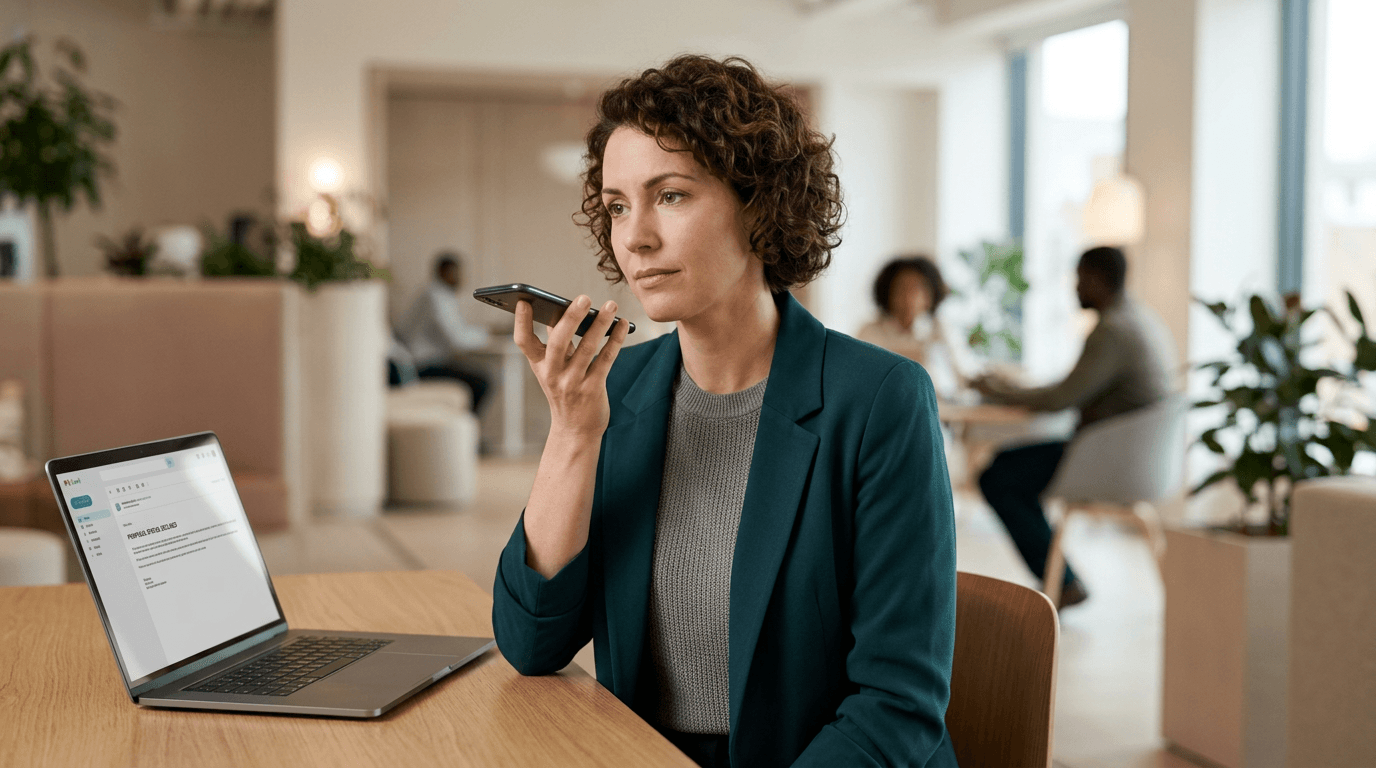 Consultant in office closing a rejected proposal email and taking a reflective voice note before replying professionally