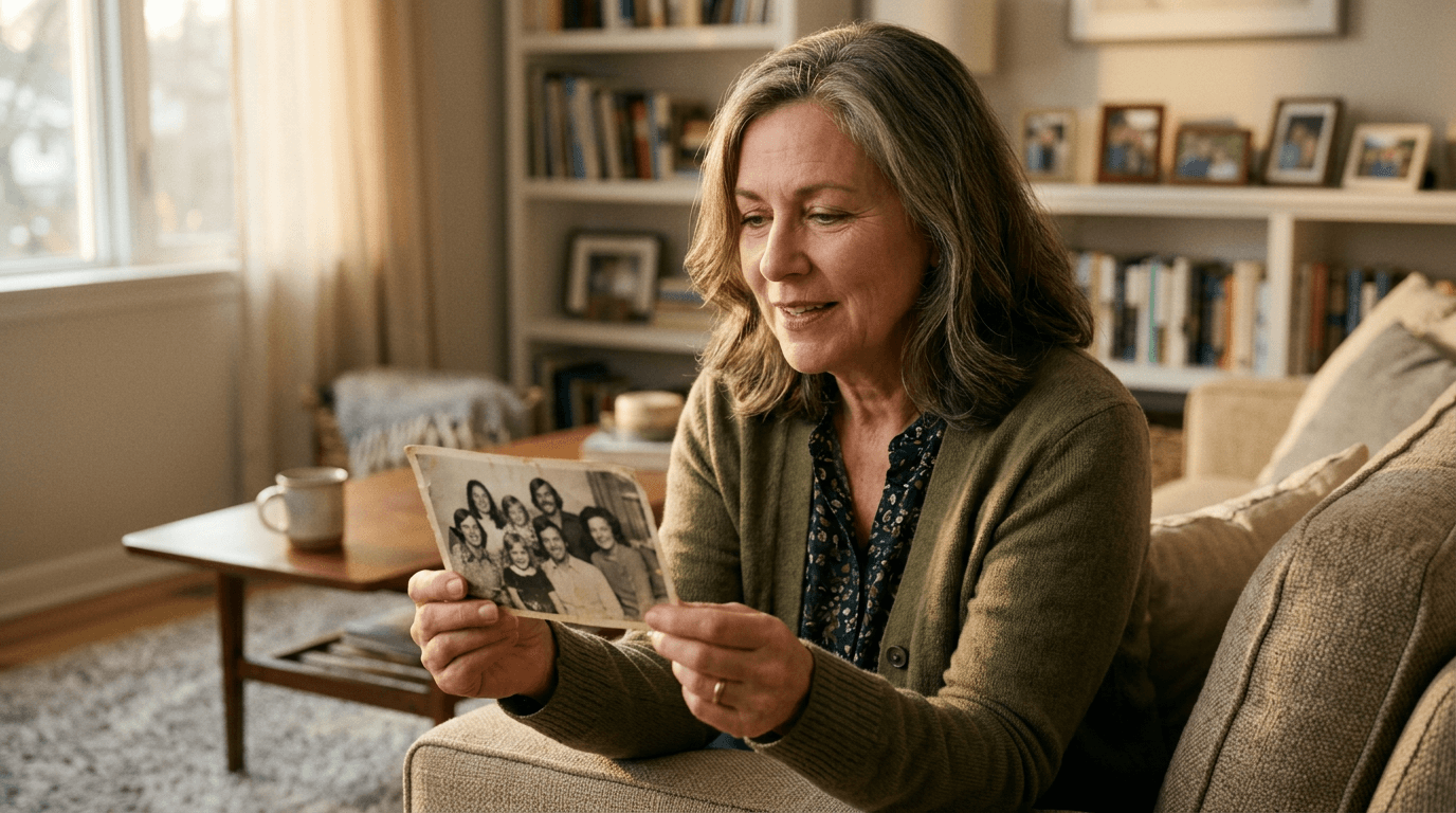 Adult holding an old family photo and speaking a quiet remembrance in a calm room on a meaningful date