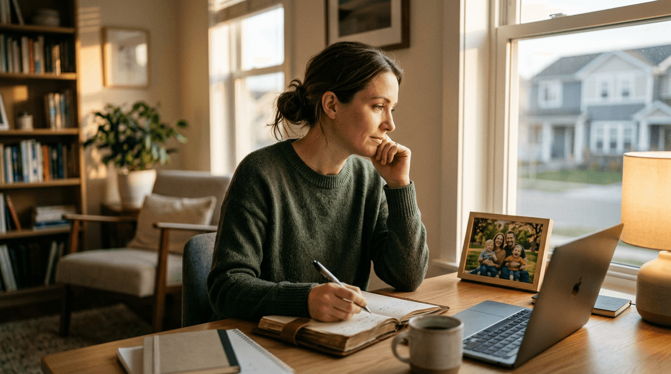 Professional at home office looking at family photo while recording a reflective note about work-life guilt