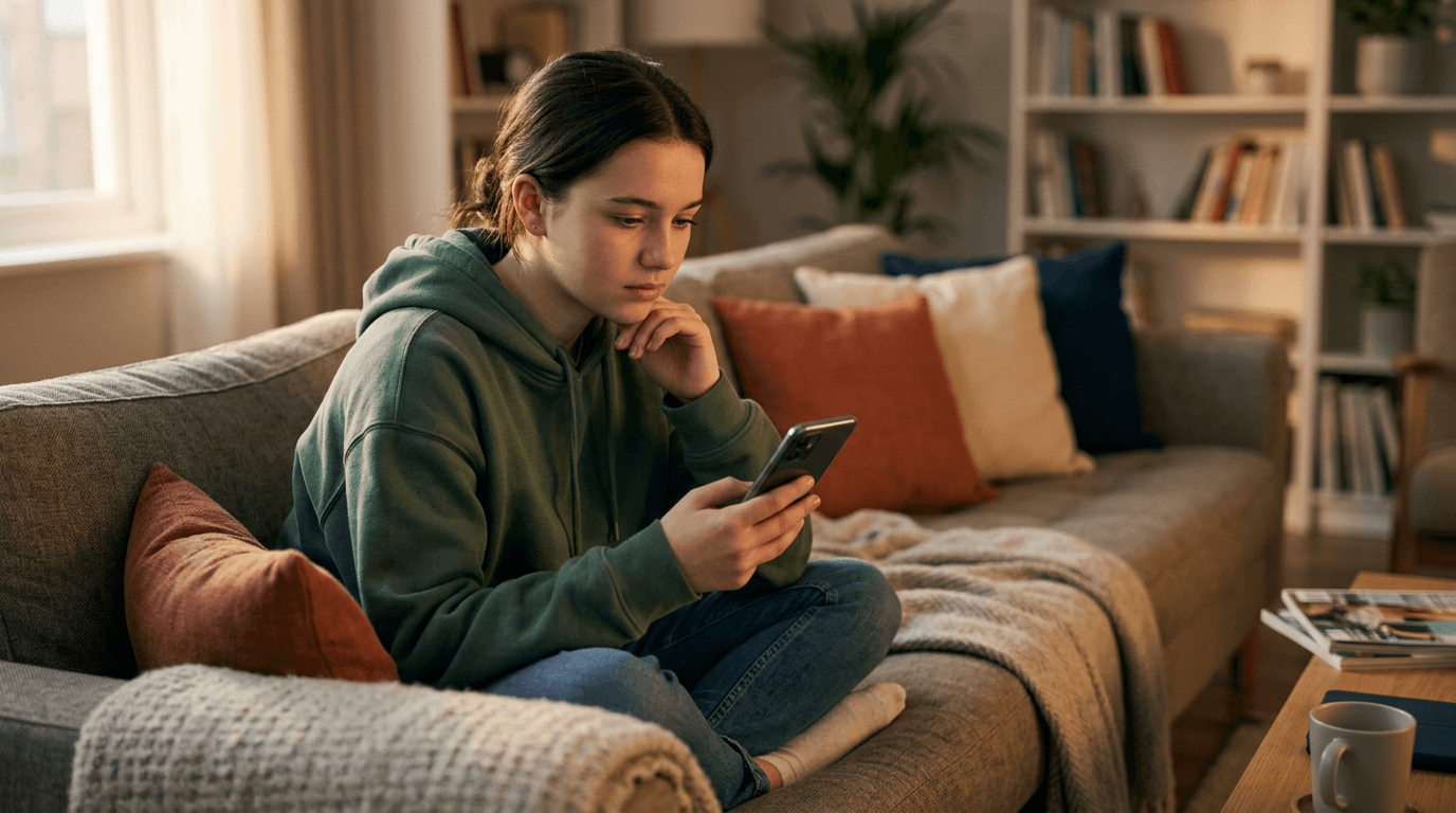 Teenager sitting on a couch with muted group chat notifications, reflecting calmly before replying to friendship conflict