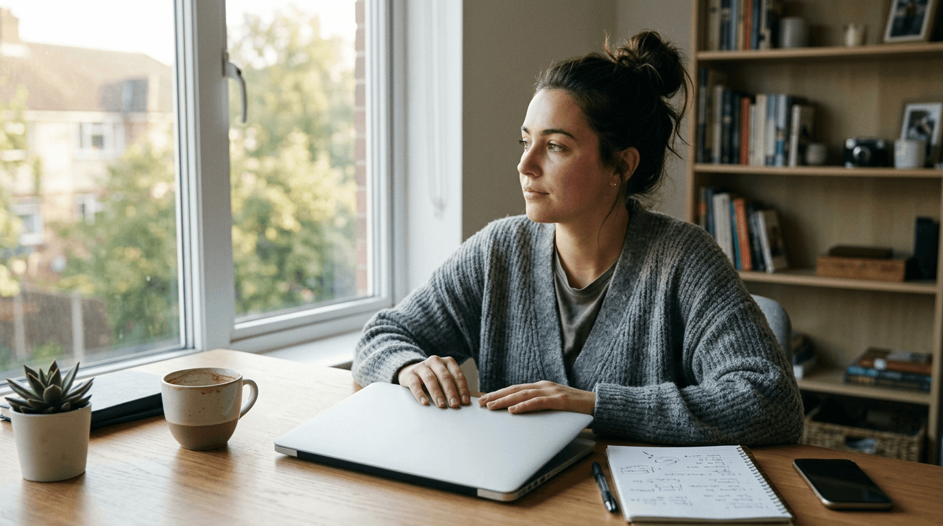 Young graduate at a desk closing a laptop after social comparison stress, taking a mindful pause with a notebook nearby