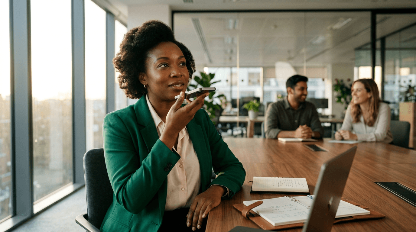 Newly promoted professional in office reflecting with a voice memo to manage imposter feelings before leading a team meeting