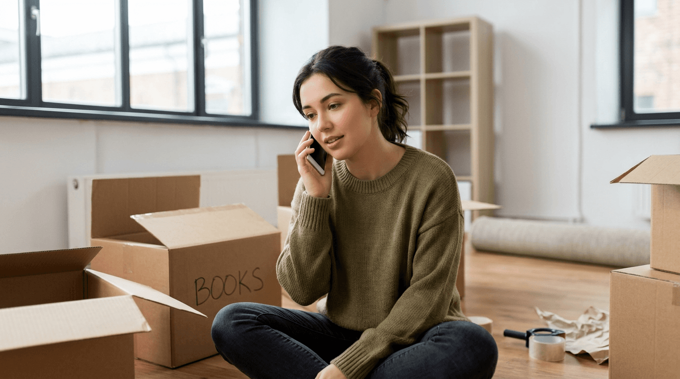 Young adult in a new apartment near unpacked boxes, speaking softly into phone to process loneliness and plan connection