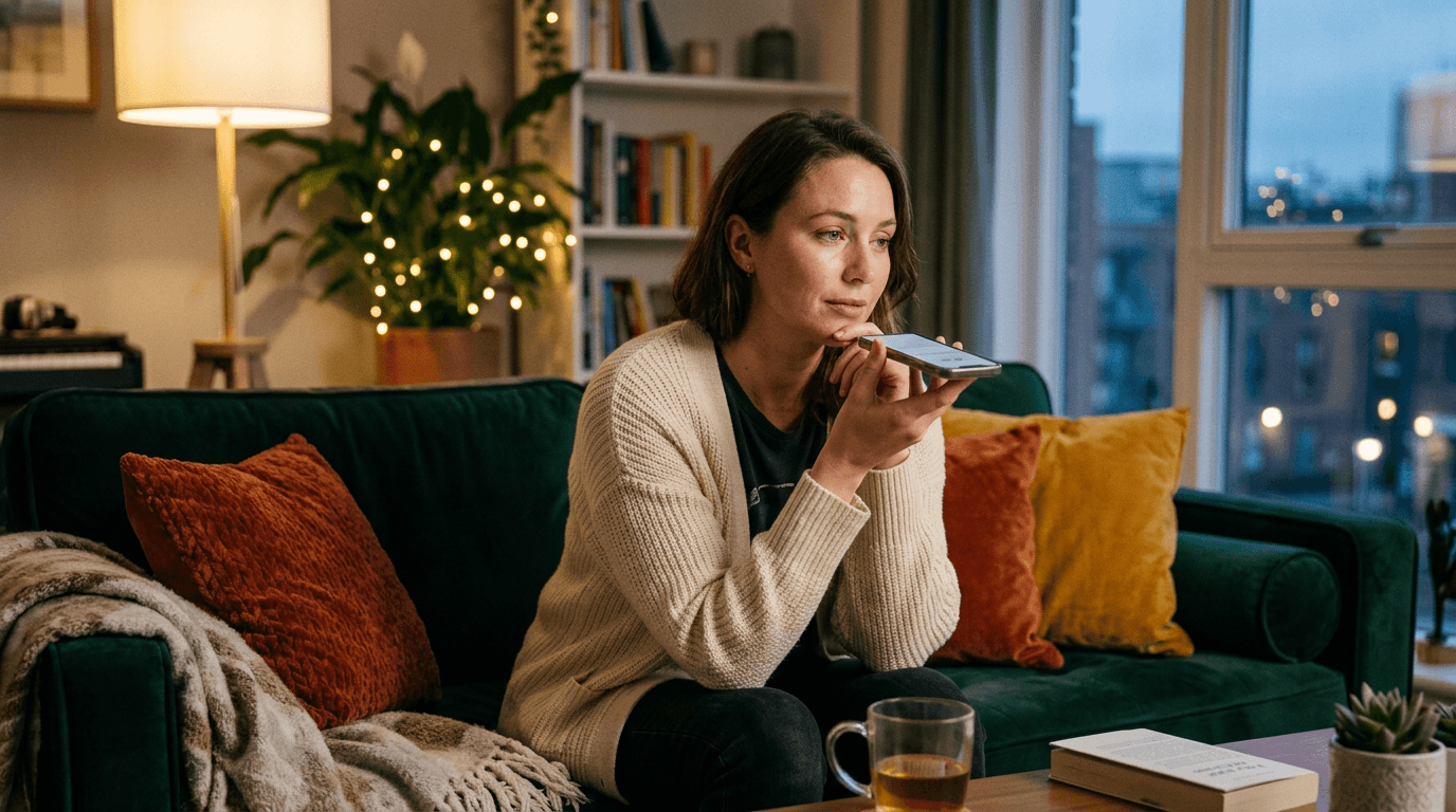 Person on couch listening to a partner's voice message and recording a heartfelt reflection to manage loneliness