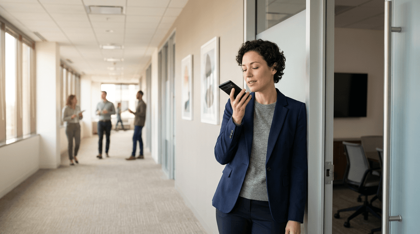 Office worker stepping away from conference room to record a short voice reset between consecutive meetings