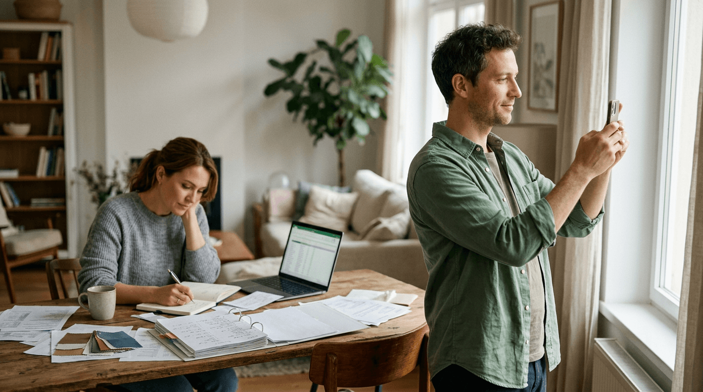 Couple reviewing wedding plans with many notes, one partner stepping aside to record a calming voice reflection