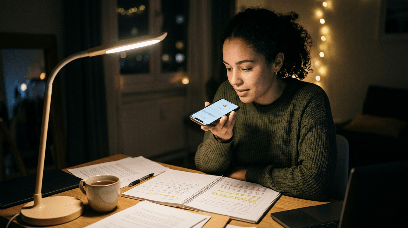 Student preparing interview notes at night, pausing to breathe and speak calming thoughts into a phone recorder