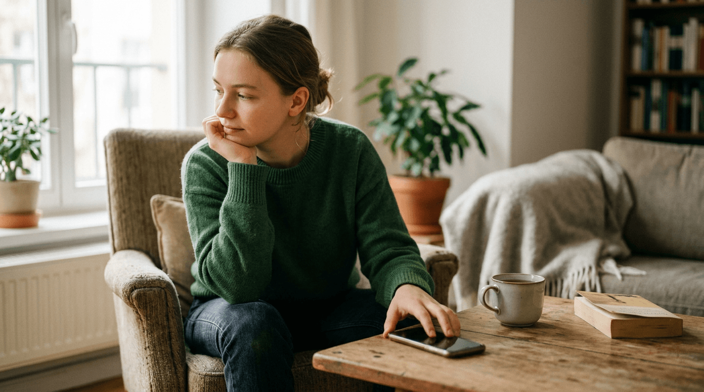 Young adult staring at an unanswered chat message while taking a breath and stepping away from the phone to reset emotions