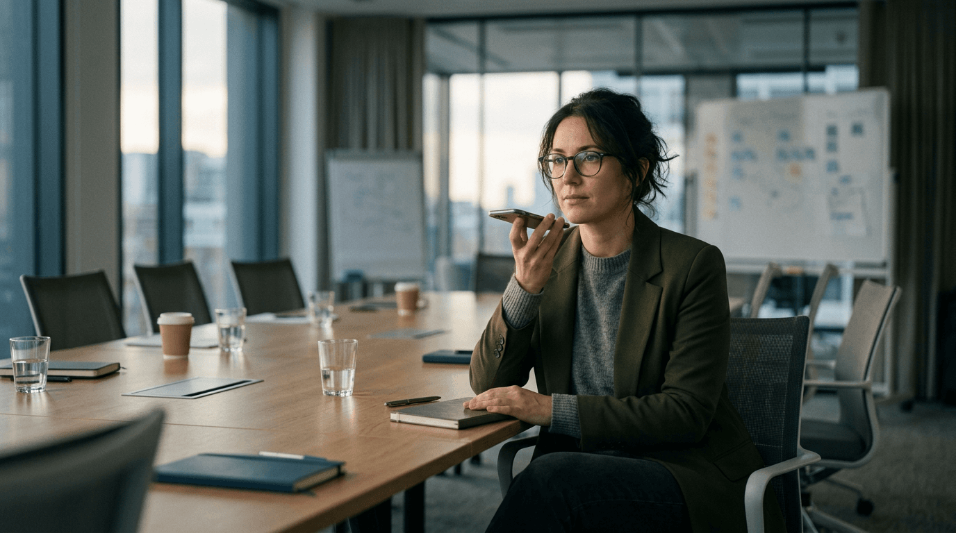 Startup leader alone in meeting room after tense discussion, using a voice note to regain composure and plan next steps