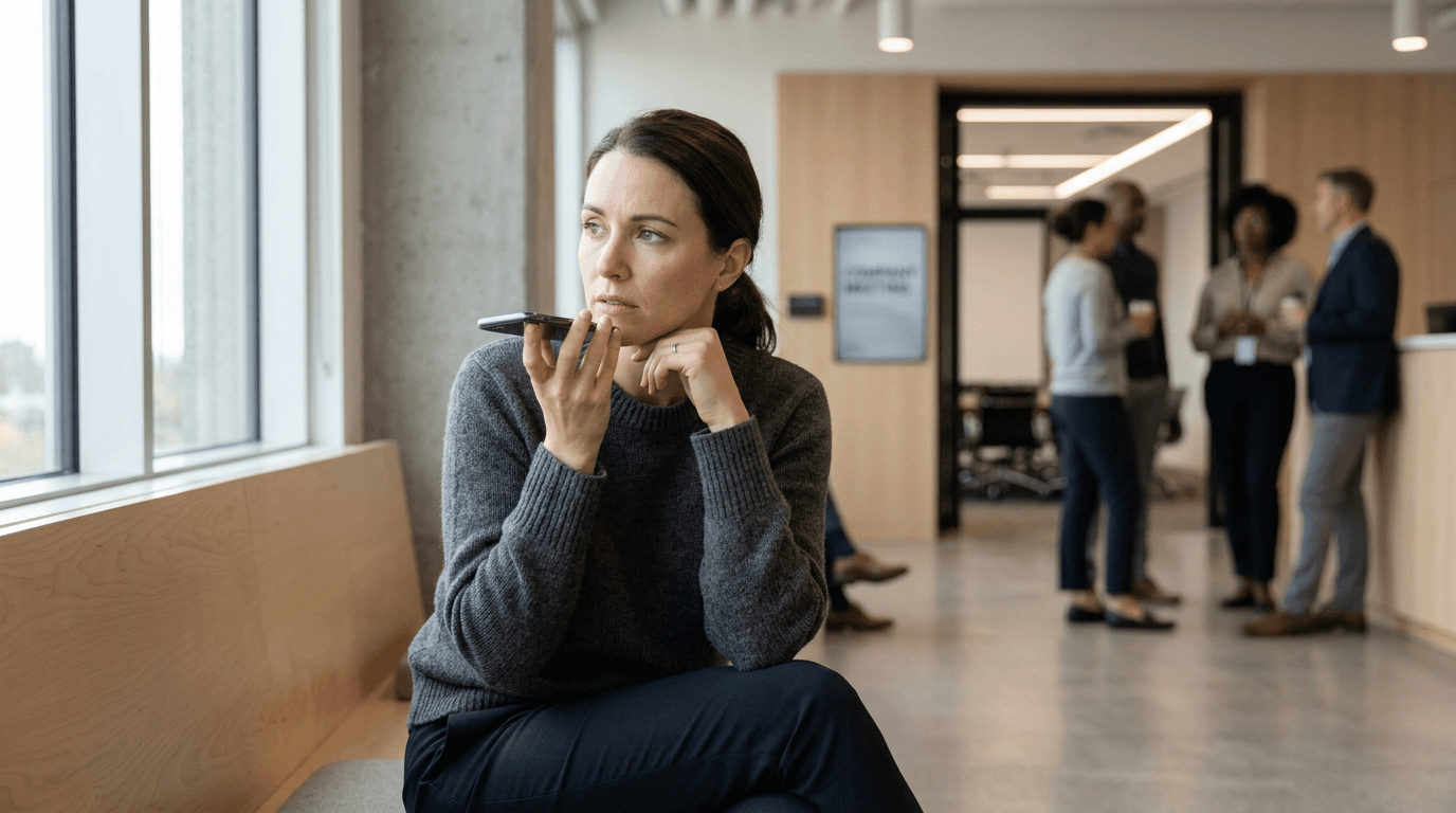 Employee waiting for company town hall with worried expression, using a quiet voice note to self-regulate